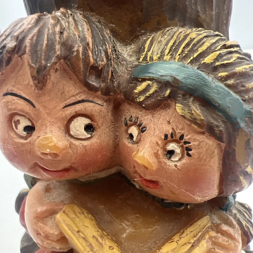 VTG Gunter Kerzen German Hand Carved Painted‎ Candle - Boy & Girl Reading Tree
